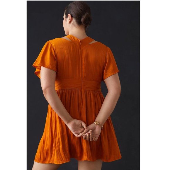 By Anthropologie Deep V-Neck Vibrant Mini Dress Orange Size 12 - Picture 3 of 12